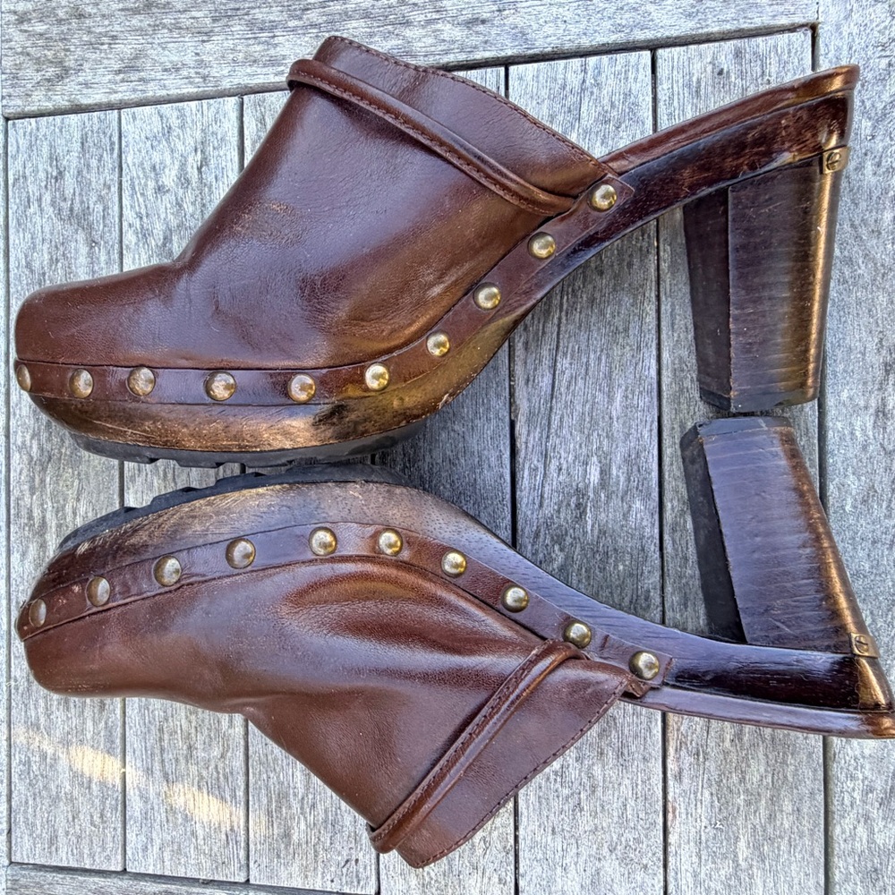 Coach Brown Leather Platform Mules with brass studs and accents. - Picture 8 of 15